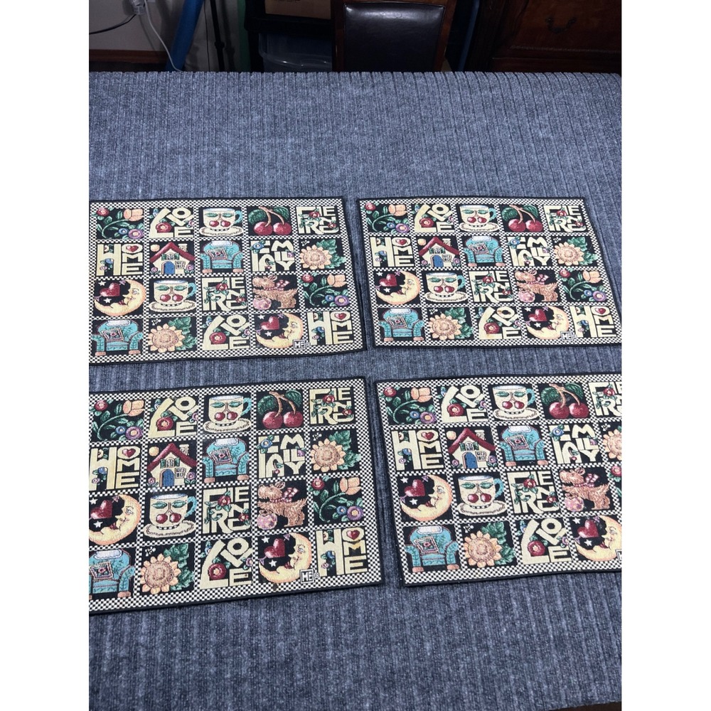 MARY ENGELBREIT Placemat Set Multi Tapestry Love Home Family Friends 4pc 90s Vtg